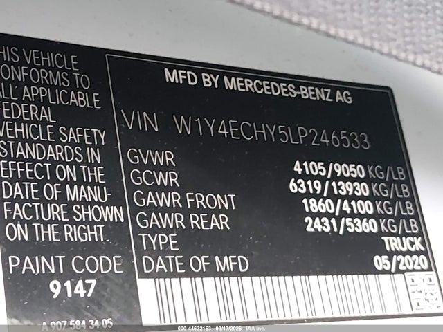 44632153 :رقم المزاد ، W1Y4ECHY5LP246533 vin ، 2020 Mercedes-benz Sprinter 2500 High Roof V6 مزاد بيع