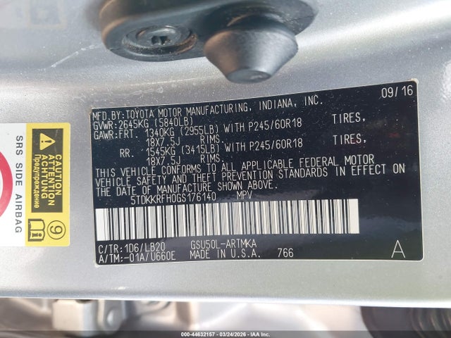 5TDKKRFH0GS176140 Toyota Highlander Xle V6