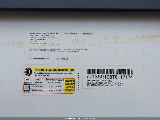 Продаж на аукціоні авто 2026 Forest River Sabre 36dbb, vin: 5ZT3SR1B8T6117174, номер лоту: 44632160