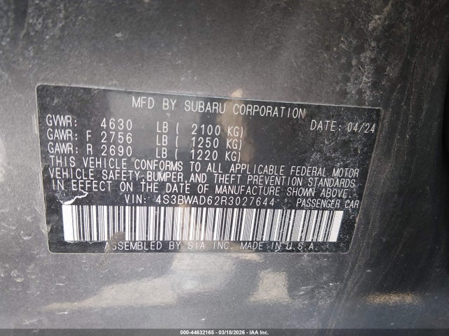 2024 Subaru Legacy Premium მანქანა იყიდება აუქციონზე, vin: 4S3BWAD62R3027644, აუქციონის ნომერი: 44632165
