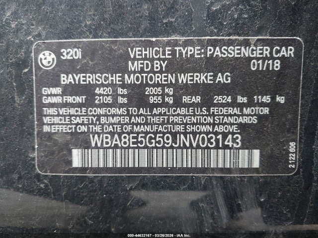 Aukcja sprzedaży 2018 Bmw 320i Xdrive, vin: WBA8E5G59JNV03143, numer aukcji: 44632167