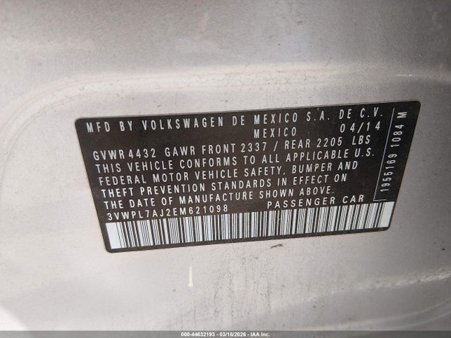 Aukcja sprzedaży 2014 Volkswagen Jetta Sportwagen 2.0l Tdi, vin: 3VWPL7AJ2EM621098, numer aukcji: 44632193