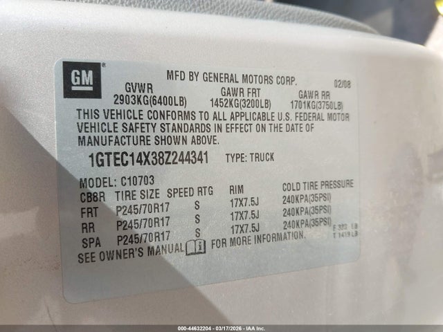 Aukcja sprzedaży 2008 Gmc Sierra 1500 Work Truck, vin: 1GTEC14X38Z244341, numer aukcji: 44632204
