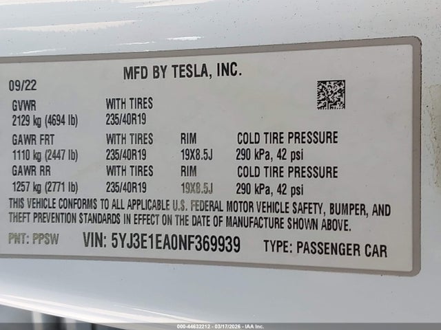 2022 Tesla Model 3 Rear-wheel Drive მანქანა იყიდება აუქციონზე, vin: 5YJ3E1EA0NF369939, აუქციონის ნომერი: 44632212