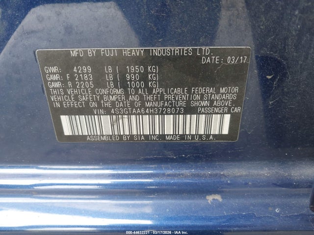 Aukcja sprzedaży 2017 Subaru Impreza 2.0i, vin: 4S3GTAA64H3728073, numer aukcji: 44632221