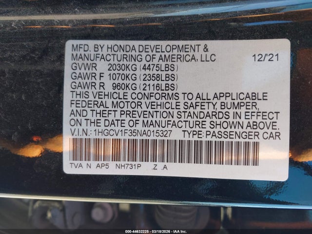 2022 HONDA ACCORD 1HGCV1F35NA015327 Photo 8