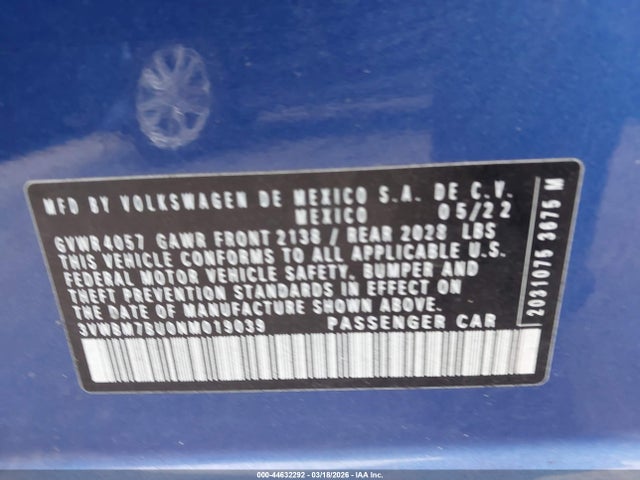Aukcja sprzedaży 2022 Volkswagen Jetta 1.5t Sport, vin: 3VWBM7BU0NM019039, numer aukcji: 44632292