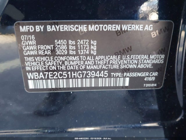 Продаж на аукціоні авто 2017 Bmw 740i, vin: WBA7E2C51HG739445, номер лоту: 44632293