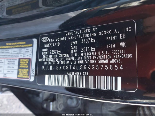 5XXGT4L36KG375654 KIA Optima Lx