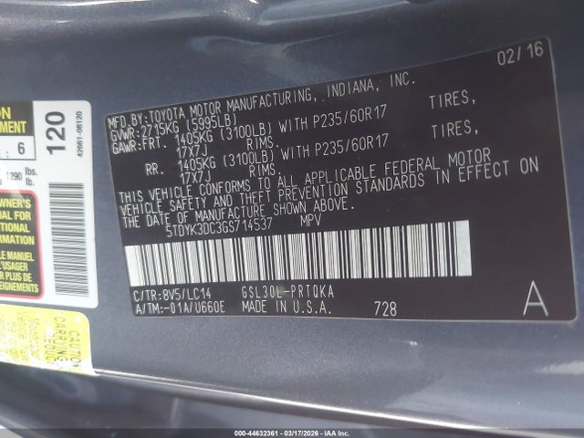 5TDYK3DC3GS714537 Toyota Sienna Xle 8 Passenger