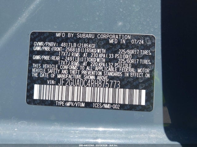 Aukcja sprzedaży 2024 Subaru Crosstrek Premium, vin: JF2GUADC4RH875773, numer aukcji: 44632364