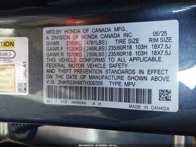 2HKRS3H48TH300306 Honda Cr-v Ex 2wd