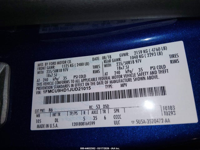 1FMCU9HD1JUD21015 Ford ESCAPE SEL