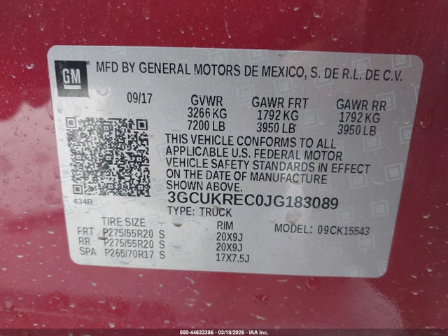 Продажа на аукционе авто 2018 Chevrolet Silverado 1500 2lt, vin: 3GCUKREC0JG183089, номер лота: 44632396