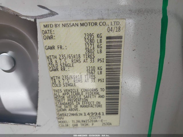 Продаж на аукціоні авто 2018 Nissan Murano Sl, vin: 5N1AZ2MH6JN149941, номер лоту: 44632400