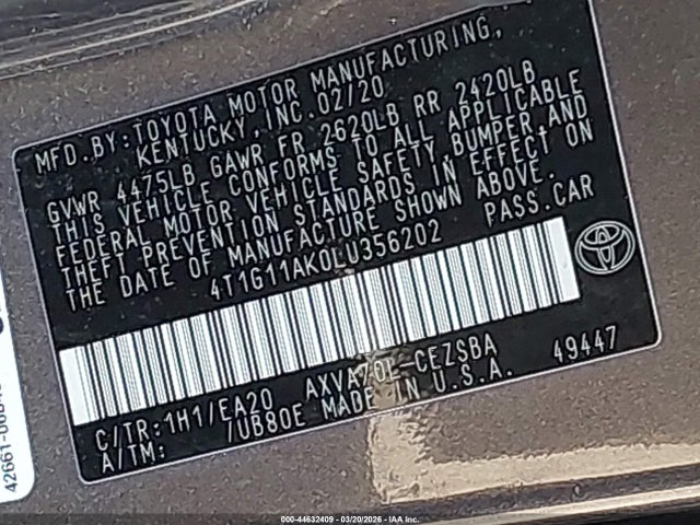 Продажа на аукционе авто 2020 Toyota Camry Se, vin: 4T1G11AK0LU356202, номер лота: 44632409