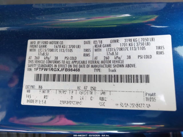 44632417 :رقم المزاد ، 1FTFW1RGXJFB98468 vin ، 2018 Ford F-150 Raptor مزاد بيع