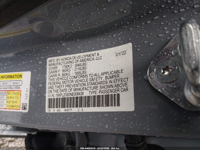 44632419 :رقم المزاد ، 19XFL2G83NE008438 vin ، 2022 Honda Civic Sport مزاد بيع