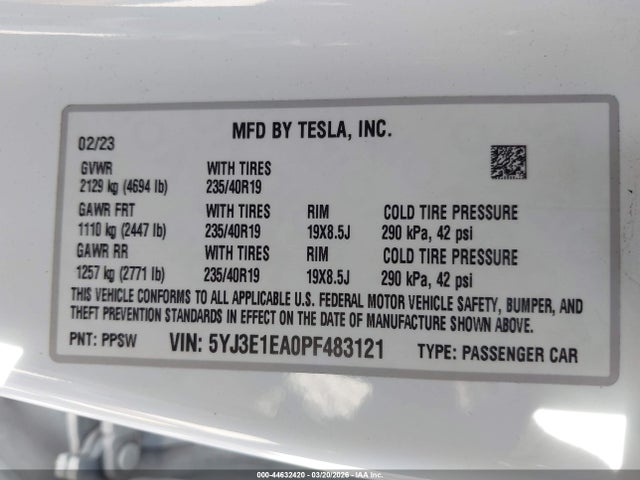 Aukcja sprzedaży 2023 Tesla Model 3 Rear-wheel Drive, vin: 5YJ3E1EA0PF483121, numer aukcji: 44632420
