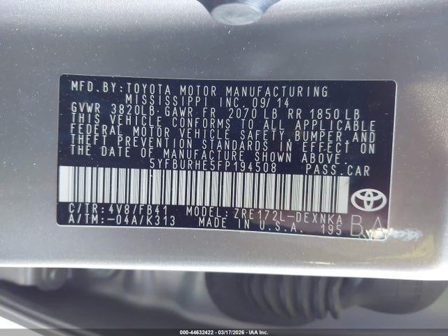Toyota COROLLA LE 2015 5YFBURHE5FP194508 Image 9