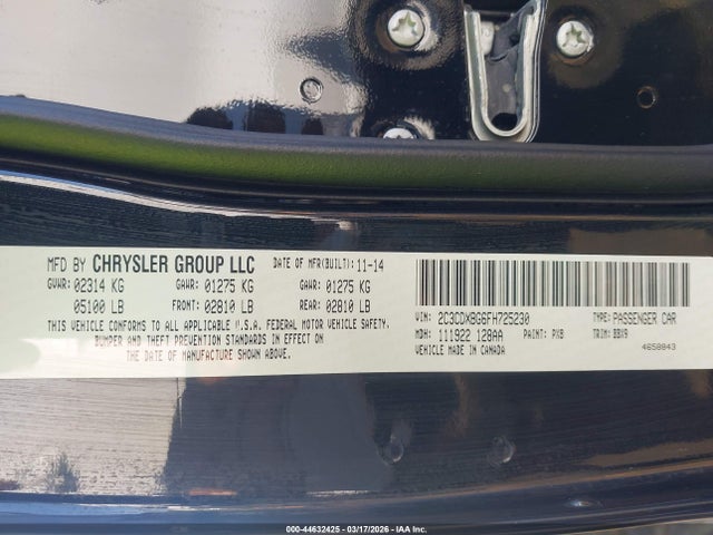 44632425 :رقم المزاد ، 2C3CDXBG6FH725230 vin ، 2015 Dodge Charger Se مزاد بيع