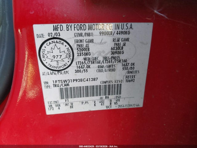 Aukcja sprzedaży 2003 Ford F-350, vin: 1FTSW31P93EC41387, numer aukcji: 44632429