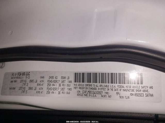 44632434 :رقم المزاد ، 1C4PJMBS1GW163927 vin ، 2016 Jeep Cherokee Trailhawk مزاد بيع