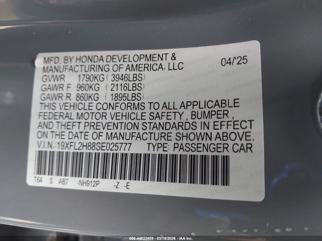 Aukcja sprzedaży 2025 Honda Civic Sedan Sport, vin: 19XFL2H88SE025777, numer aukcji: 44632459