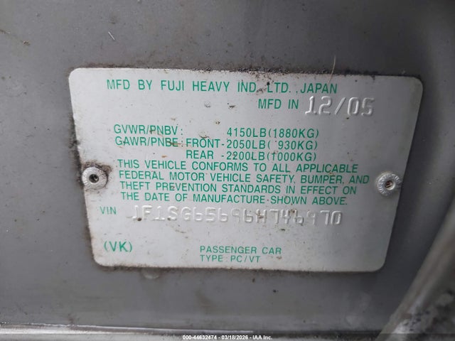 2006 Subaru Forester 2.5x მანქანა იყიდება აუქციონზე, vin: JF1SG65696H746970, აუქციონის ნომერი: 44632474
