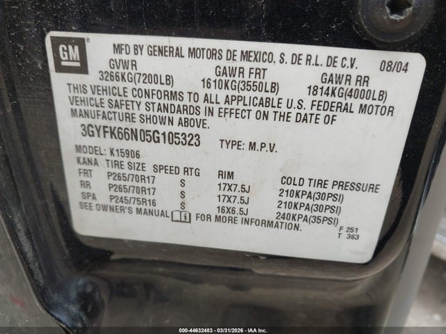 44632483 :رقم المزاد ، 3GYFK66N05G105323 vin ، 2005 Cadillac Escalade Esv Standard مزاد بيع