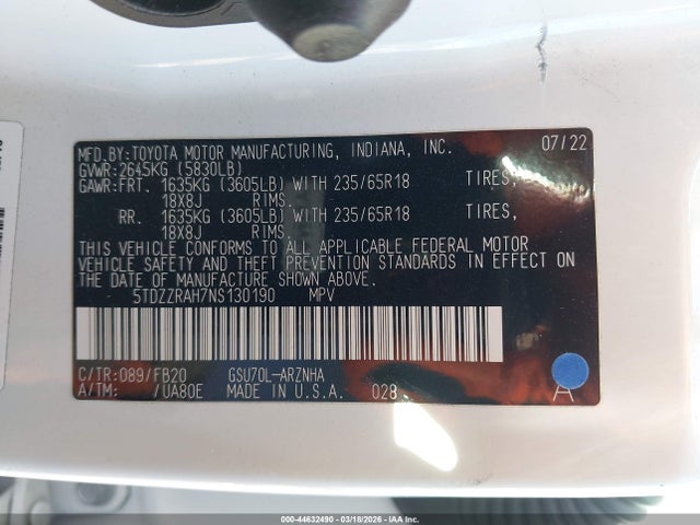 5TDZZRAH7NS130190 Toyota Highlander Le