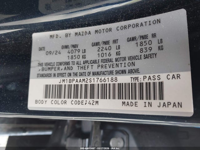 2025 Mazda Mazda3 2.5 S მანქანა იყიდება აუქციონზე, vin: JM1BPAAM2S1766188, აუქციონის ნომერი: 44632497