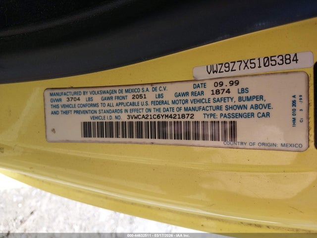 44632511 :رقم المزاد ، 3VWCA21C6YM421872 vin ، 2000 Volkswagen New Beetle Gls مزاد بيع