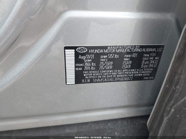 2023 Hyundai Santa Fe Limited მანქანა იყიდება აუქციონზე, vin: 5NMS4DAL3PH614872, აუქციონის ნომერი: 44632512
