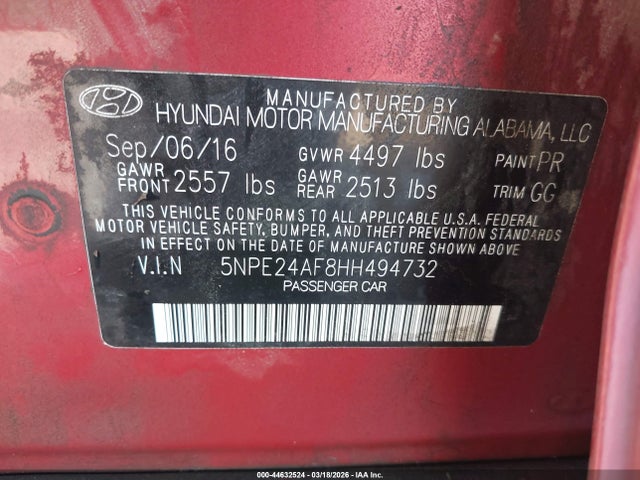 5NPE24AF8HH494732 Hyundai Sonata