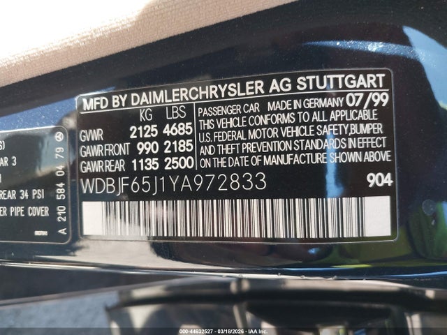 Продаж на аукціоні авто 2000 Mercedes-benz E 320, vin: WDBJF65J1YA972833, номер лоту: 44632527