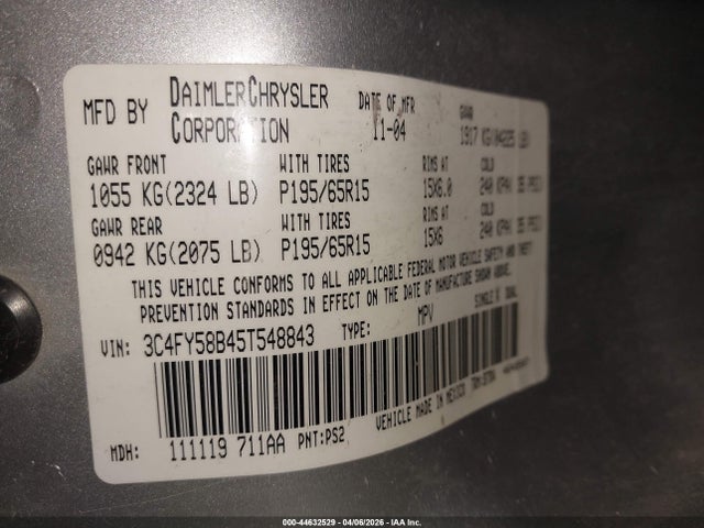 Продажа на аукционе авто 2005 Chrysler Pt Cruiser Touring, vin: 3C4FY58B45T548843, номер лота: 44632529