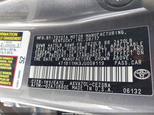 4T1B11HK9JU008119 Toyota CAMRY SE
