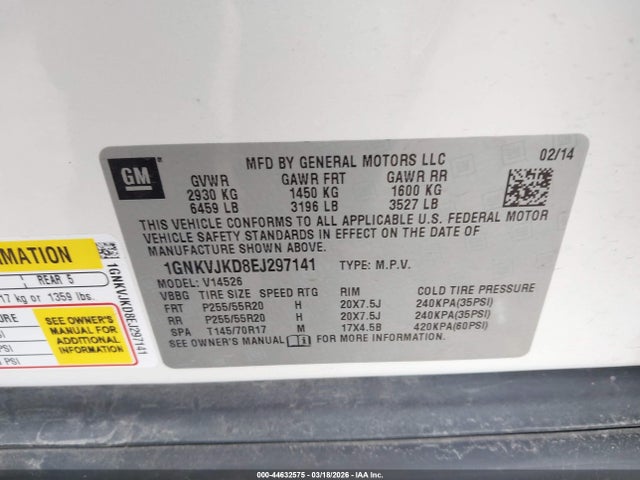 44632575 :رقم المزاد ، 1GNKVJKD8EJ297141 vin ، 2014 Chevrolet Traverse Ltz مزاد بيع