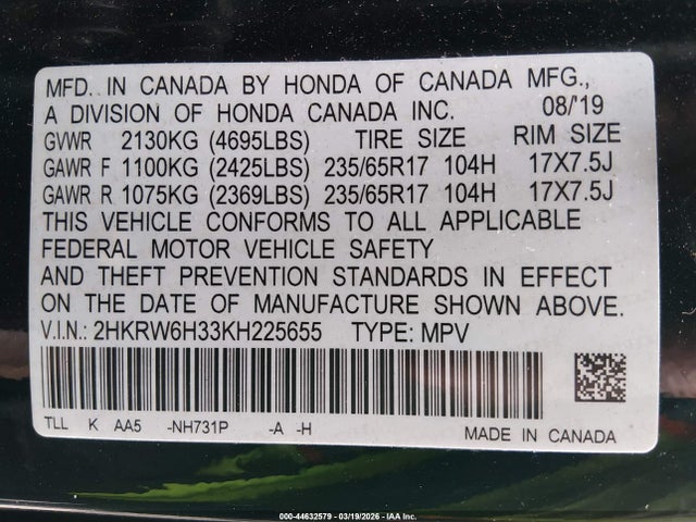 2019 Honda Cr-v Lx მანქანა იყიდება აუქციონზე, vin: 2HKRW6H33KH225655, აუქციონის ნომერი: 44632579