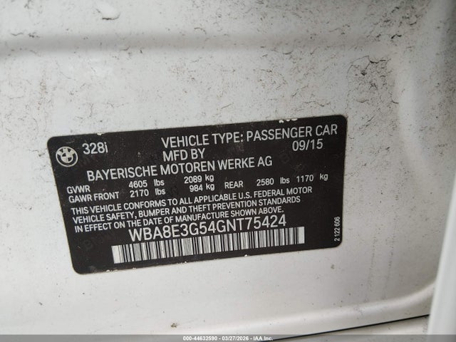 Aukcja sprzedaży 2016 Bmw 328i Xdrive, vin: WBA8E3G54GNT75424, numer aukcji: 44632590
