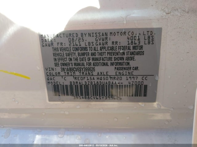 2025 Nissan Sentra Sv მანქანა იყიდება აუქციონზე, vin: 3N1AB8CV6SY399626, აუქციონის ნომერი: 44632612
