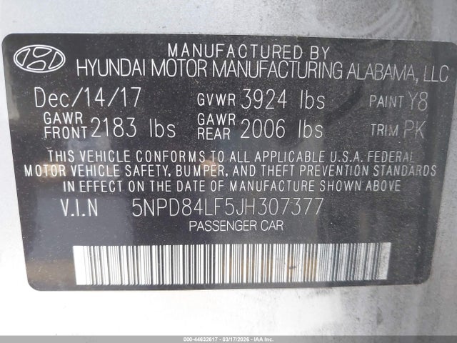 Продажа на аукционе авто 2018 Hyundai Elantra Sel, vin: 5NPD84LF5JH307377, номер лота: 44632617
