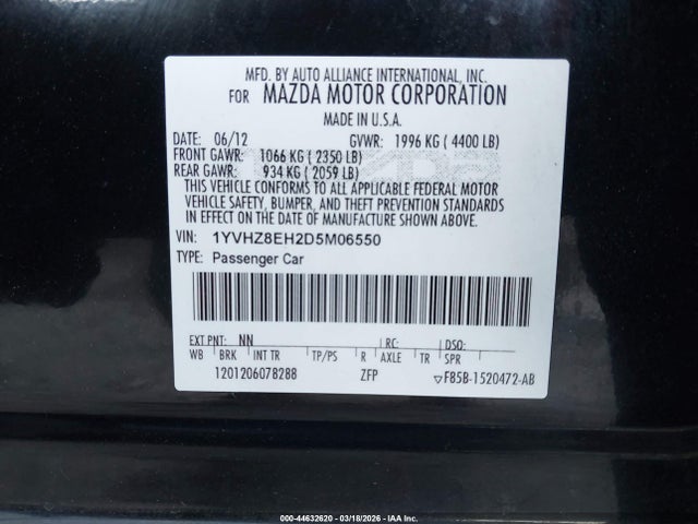 Продажа на аукционе авто 2013 Mazda Mazda6 I Touring Plus, vin: 1YVHZ8EH2D5M06550, номер лота: 44632620