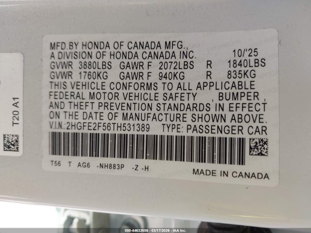 Honda Civic Sport 2026 2HGFE2F56TH531389 Image 9