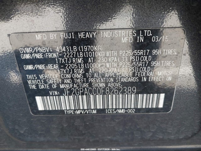 Aukcja sprzedaży 2015 Subaru Xv Crosstrek 2.0i Premium, vin: JF2GPACC0F8262389, numer aukcji: 44632669