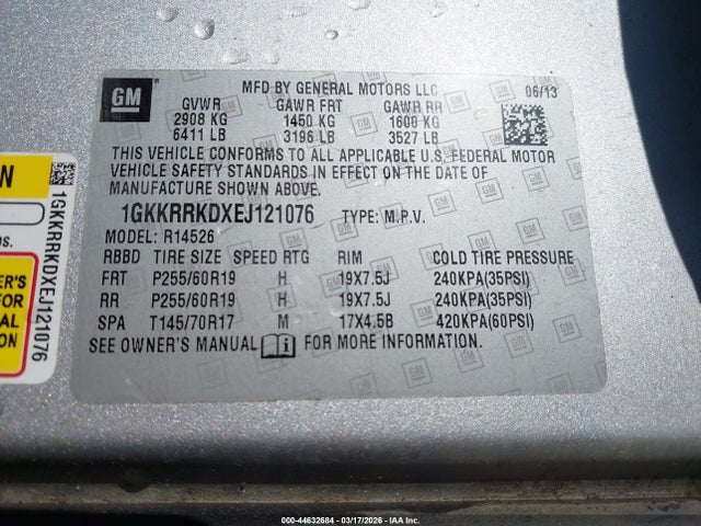44632684 :رقم المزاد ، 1GKKRRKDXEJ121076 vin ، 2014 Gmc Acadia Slt-1 مزاد بيع