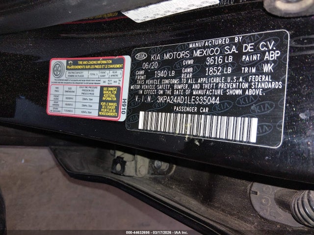 2020 Kia Rio Lx მანქანა იყიდება აუქციონზე, vin: 3KPA24AD1LE335044, აუქციონის ნომერი: 44632698