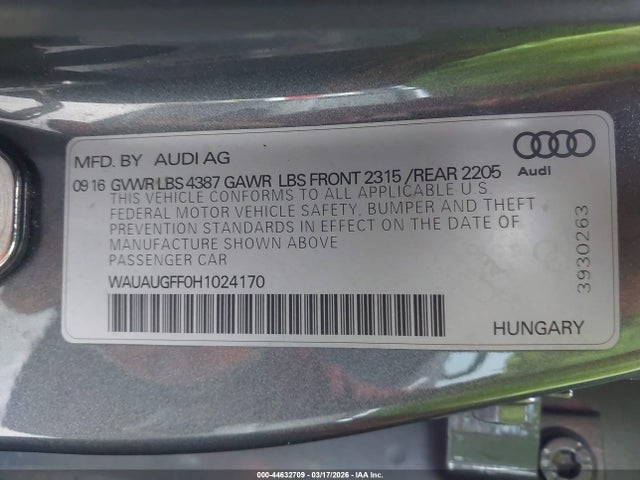 44632709 :رقم المزاد ، WAUAUGFF0H1024170 vin ، 2017 Audi A3 2.0t Premium مزاد بيع