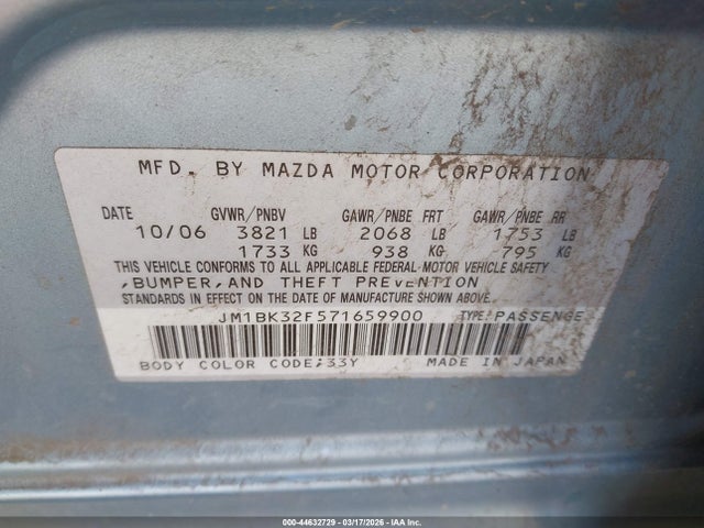 44632729 :رقم المزاد ، JM1BK32F571659900 vin ، 2007 Mazda Mazda3 I مزاد بيع